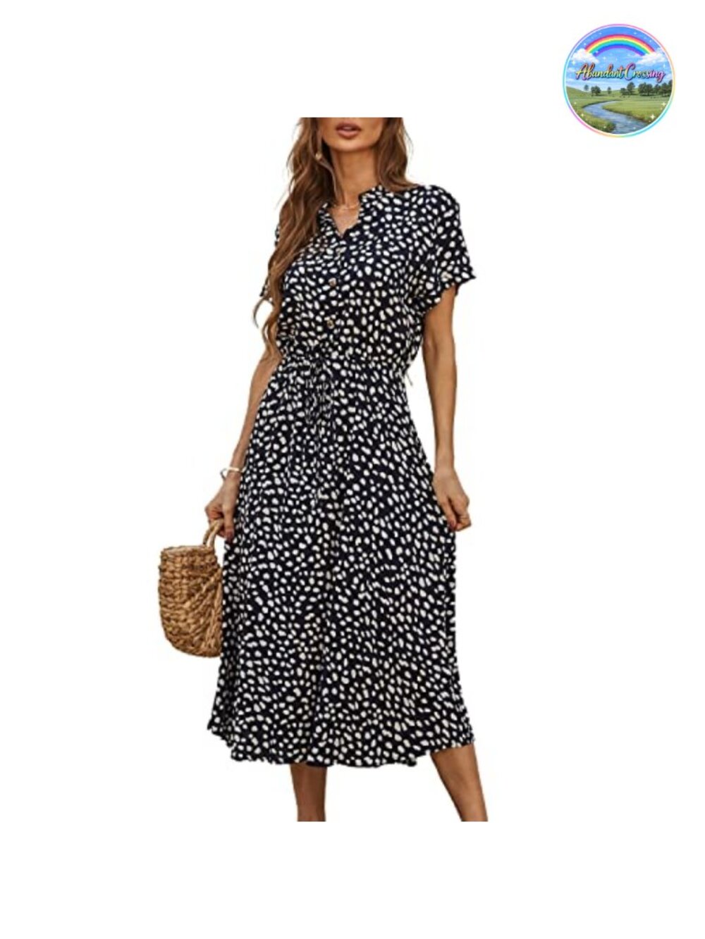 Lightweight Midi Dress Casual Button Down V-Neck Short Sleeve A-Line Polka Dot